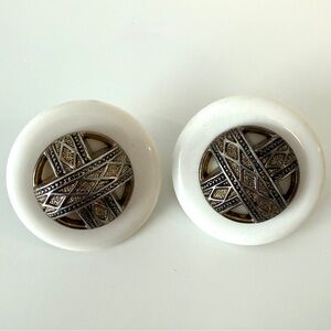 Vintage White and Antique Silver Decorative Button Pair Clip-On Earrings